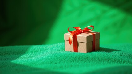 Poster - A single brown gift box with a vibrant red bow, nestled amidst a plush emerald green fabric, basking in a soft, gentle sunlight.