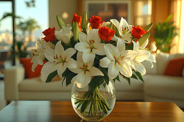 Wall Mural - Elegant Bouquet of White Lilies and Orange Roses in a Glass Vase on a Wooden Table