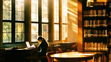 Poster - Young Woman Studying in a Sunlit Library