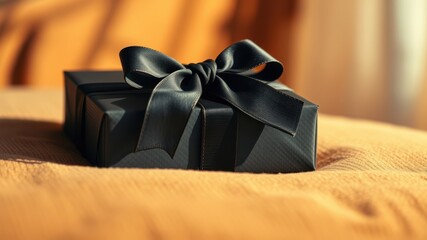 Poster - A single, black gift box with a large, elegant bow sits on a soft, textured surface, illuminated by warm, natural light.