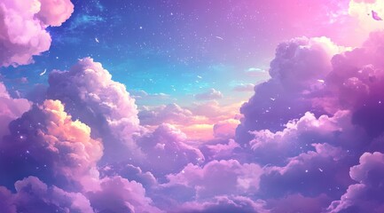 Wall Mural - Vibrant dreamy clouds at sunset: serene pastel sky with pink and purple hues