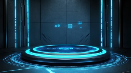 Poster - Futuristic Circular Platform with Neon Blue Lighting