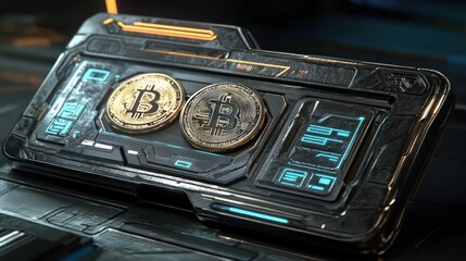 Poster - Futuristic Device Displays Bitcoin Cryptocurrency Coins