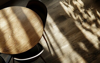 Poster - Sunlight streams through window onto round wooden table and chairs.
