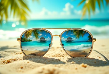 Wall Mural - Sunglasses lying on the beach sand with seascape view reflects on the lens in summer day