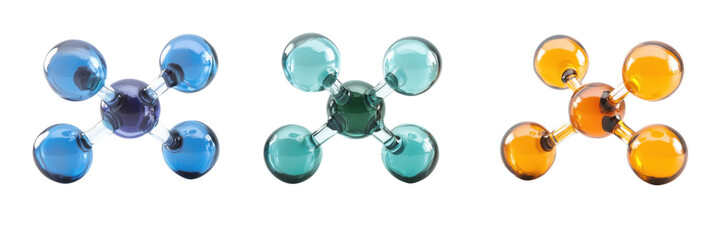 Poster - Colorful molecular structures showcasing blue, green, and orange glass spheres representing atoms connected by bonds, isolated on transparent background, png