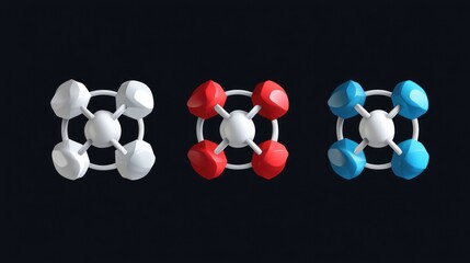 Wall Mural - 3D render of three abstract molecular structures with white, red, and blue elements against a black background.