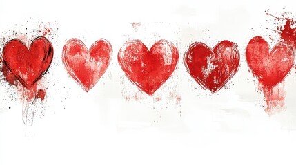 Five red hearts painted with watercolor, showing varying degrees of intensity and texture.