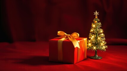 Poster - A festive Christmas scene with a small, glowing tree and a red gift box wrapped with a gold ribbon on a deep red background.