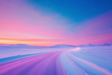 Wall Mural - Vibrant pink and purple winter sunset over snowy road in arctic landscape