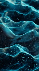 Fototapete - A mesmerizing abstract representation of flowing waves in blue tones with glowing particles, evoking a sense of tranquility and depth.