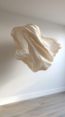 Poster - A flowing, cream-colored fabric beautifully suspended in mid-air, creating an ethereal and serene atmosphere.