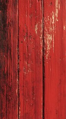 Textured red wooden surface with peeling paint and a rustic feel.