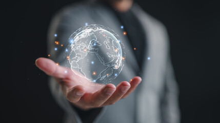 Aufkleber - businessman holding Global network connection. Big data analytics and business intelligence concept. World map point and line composition concept of global business.Digital link tech.