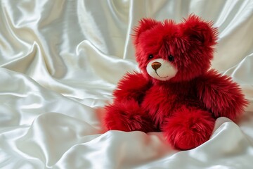 Wall Mural - Artistic shot of a fluffy red teddy bear seated on a white silk fabric, creating a luxurious and soft image.