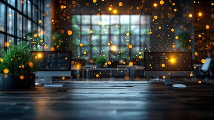 Poster - Glowing Particles Dance Above a Modern Office Workspace at Night