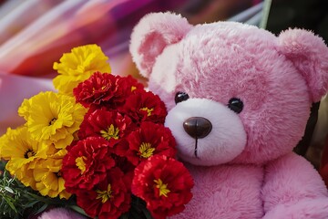 Wall Mural - Close-up of a pink teddy bear with a bouquet of red carnations and yellow marigolds, with a soft-focus background.