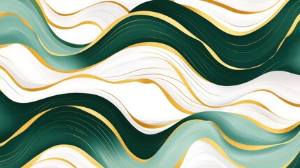 Poster - Abstract wavy lines in green and gold create a dynamic flat pattern on a crisp white background, evoking fluidity and elegance.