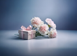 Poster - A small pink gift box sits beside a bouquet of light pink carnations against a muted blue background.  The scene is simple and elegant, suggesting a thoughtful present.