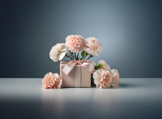 Canvas Print - A blush pink gift box sits on a white surface, adorned with a matching ribbon and surrounded by delicate pink carnations.  The simple yet elegant arrangement is set against a moody blue backdrop.