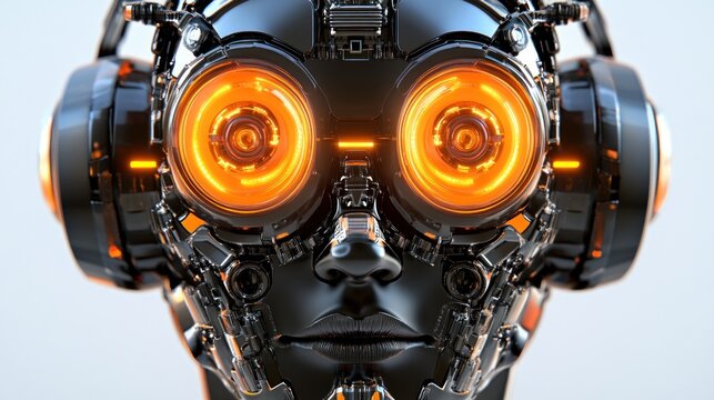 Futuristic Cyborg Head with Glowing Orange Eyes