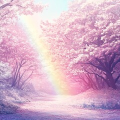 Wall Mural - A serene landscape with pink cherry blossom trees under a vibrant rainbow.