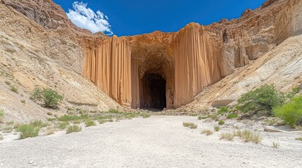 Wall Mural - Desert canyon cave entrance with columnar basalt, dry wash, and cloudy sky.