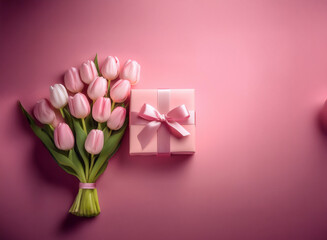 Canvas Print - A delicate bouquet of pink tulips rests beside a blush pink gift box tied with a matching ribbon, all set against a soft pink background.  A perfect image for celebrating love and appreciation.