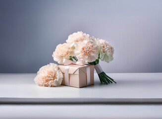 Poster - A delicate bouquet of light peach carnations rests beside a wrapped gift on a white surface against a muted blue backdrop.  The scene evokes feelings of elegance and celebration.