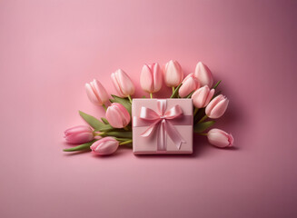 Canvas Print - A pink gift box with a satin ribbon sits amongst a bouquet of light pink tulips on a pink background.  A lovely springtime scene perfect for a gift-giving occasion.