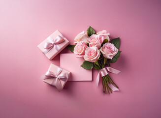 Poster - Pink roses and elegantly wrapped presents arranged on a pink background.  A delicate and romantic scene, perfect for celebrations.