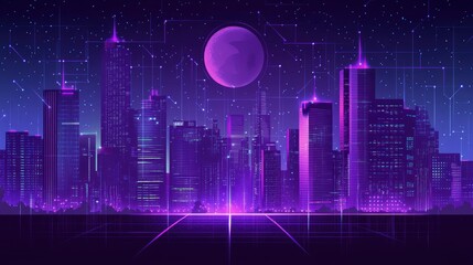 Poster - A futuristic city glowing purple at night, with digital data lines illuminating the skyline and space for text