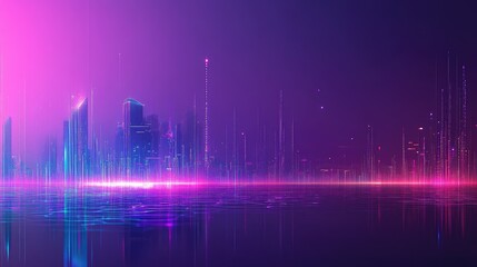 Poster - A futuristic city glowing purple at night, with digital data lines illuminating the skyline and space for text
