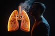 © Sean Hoong - A man standing still against a dark backdrop, with a clear image of healthy lungs in front of him, demonstrating proper breathing exercises.