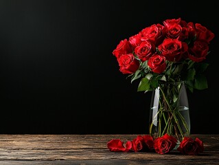 Poster - A bouquet of red roses in a glass vase on a rustic wooden table, surrounded by soft ambient lighting and room for text