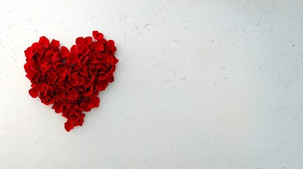 Poster - A heart-shaped arrangement of red rose petals on a white marble surface, designed with space for text