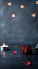 Poster - a romantic still life featuring a red rose and a lit candle on a reflective black surface, with a bl