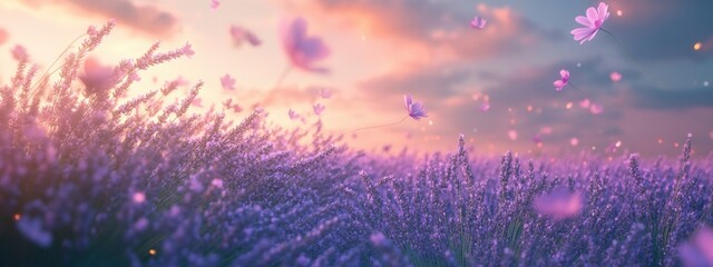 Wall Mural - Tranquil Lavender Field at Dusk, vibrant purple flowers swaying gently in the breeze, serene atmosphere, calming scene for relaxation