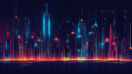Poster - Abstract neon lines running across a digital cityscape at night, representing technology and data, with room for text