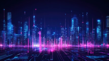 Poster - Abstract neon lines running across a digital cityscape at night, representing technology and data, with room for text