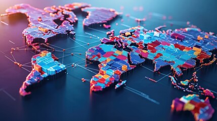Aufkleber - Colorful 3D Rendered Map of the World Showcasing Geographical Regions with Vibrant Cubic Structures and Interconnected Lines Representing Global Data Flow