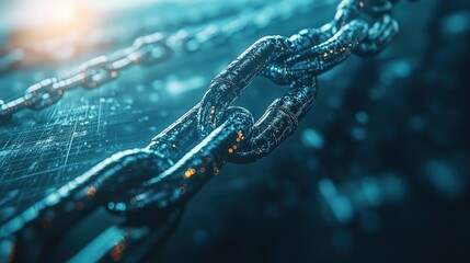 Poster - Close-up View of a Metallic Chain Link on a Digital Background Representing Connectivity and Security in Modern Technology and Blockchain Concepts