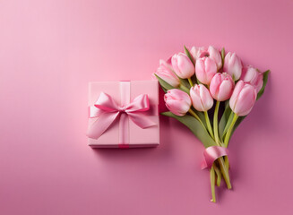 Poster - A pink gift box with a satin ribbon sits beside a bouquet of pale pink tulips on a pink background.  Perfect for celebrating love or friendship.