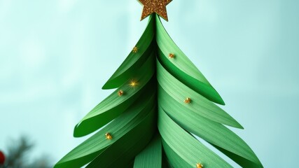 Poster - A festive green paper Christmas tree adorned with a sparkling gold star and glistening ornaments against a soft blue backdrop.