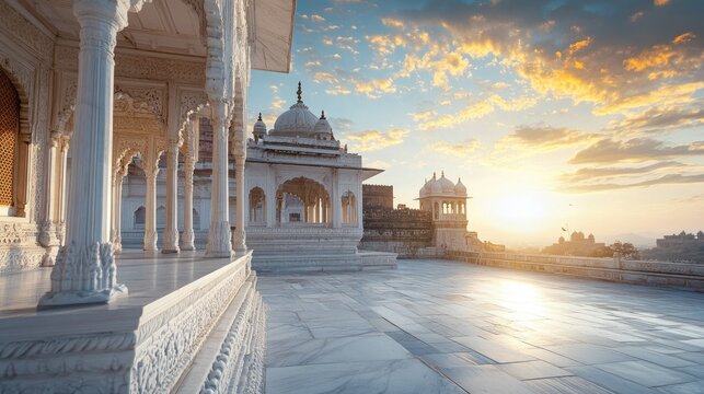The pristine white marble of Jaswant Thada illuminated by the setting sun, with Mehrangarh Fort in the background and text space available