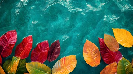 Wall Mural - Colorful Autumn Leaves Floating on Teal Water