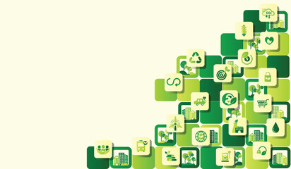 Fototapete - World environment and sustainable development concept with ecology icons template vector flat design, eco friendly and green technology. ESG for business and organization. Net zero and carbon neutral