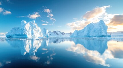 Wall Mural - Icebergs reflected in calm Antarctic ocean at sunset.