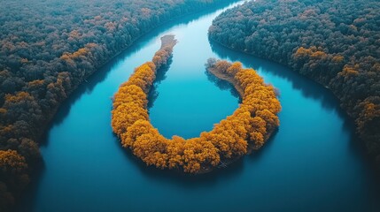 Wall Mural - Horseshoe-shaped island in blue river amidst autumn forest, aerial view.