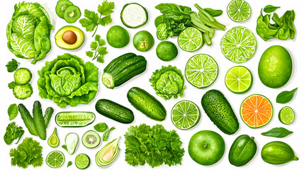 Wall Mural - Green vegetables and fruits flat lay, healthy food arrangement, white background, kitchen setting, cookbook illustration